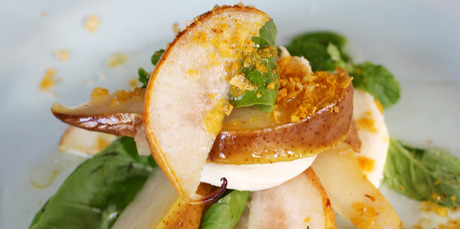 Pear and mozzarella salad with curried salt. Photo / Doug Sherring