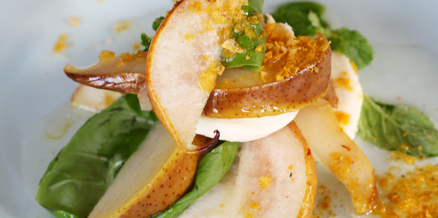 Pear and mozzarella salad with curried salt. Photo / Doug Sherring