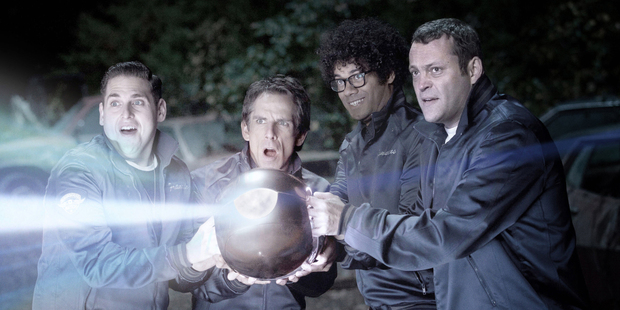 Alien defence rings a bell in The Watch. Featuring Jonah Hill, Ben Stiller, Richard Ayoade and Vince Vaughn. Photo / Supplied