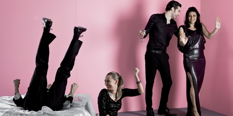 Sam Snedden (left), Sophie Henderson, Matt Whelan and Mia Blake deftly evoke the tensions between hedonistic excess and pompous propriety. Photo / Supplied