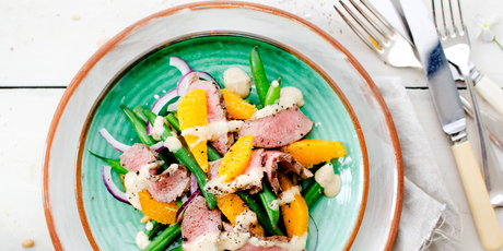 Green beans, lamb and orange with toasted pine nut dressing. Photo / Babiche Martens