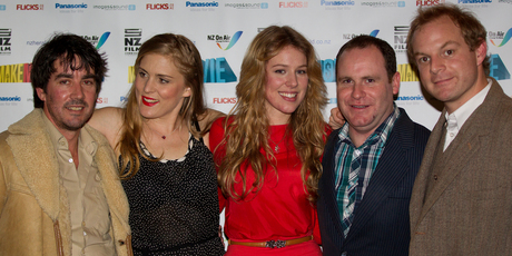 Actors (from left) Jonathan Brugh, Aidee Walker and Scarlet Hemingway with director Dean Hewison and actor/co-writer Richard Falkner at the Auckland premiere of How to Meet Girls From a Distance. Photo / Ted Baghurst