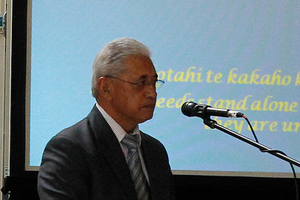 Sir Tumu Te Heuheu speaks during the hui. Photo / Christine Cornege