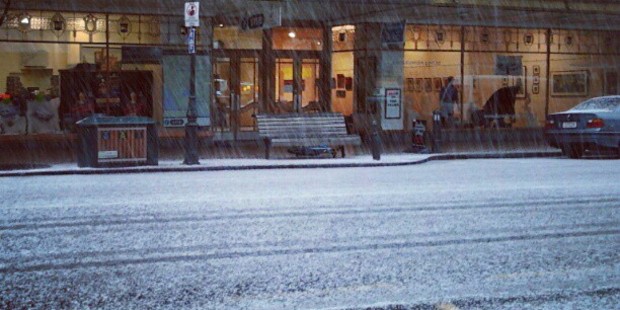 Hail falls on Princes St in Dunedin. Photo / Paul Allen