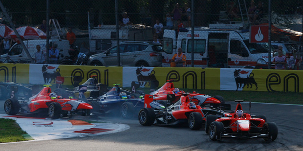 Mitch Evans and Antonio Felix da Costa run wide into the first corner at Monza to avoid the clash between Matais Laine and Tio Ellinas. Photo / GP3 Media