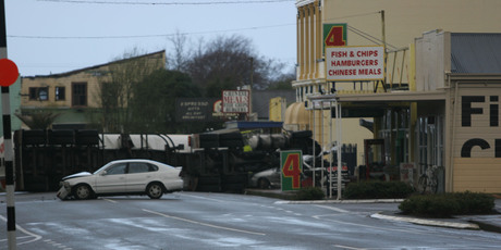 Witnesses at the scene said the driver of a white car tried to do a u-turn in front of the tanker unit. Photo / Horowhenua Chronicle