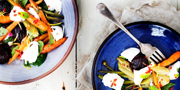 Baby vegetable salad with mint, mozzarella and chilli lemon oil. Photo / Babiche Martens