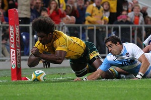 Radike Samo loses the ball during his side's Rugby Championship match against Argentina at Skilled Park. Photo / Getty Images