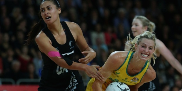 Maria Tutaia and Laura Getz compete for the ball during the Constellation Cup match at Vector Arena. Photo / Getty Images