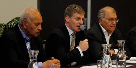 Bill English addresses those who showed up to talk about water rights. Photo / Christine Cornege