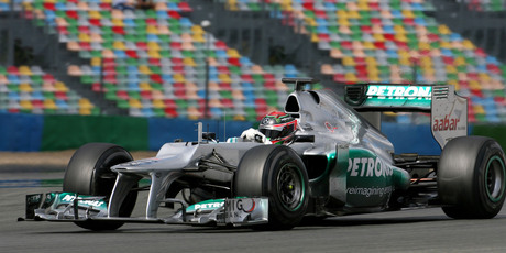 Brendon Hartley on the track at Magny-Cours in the Mercedes AMG Petronas F1 car.