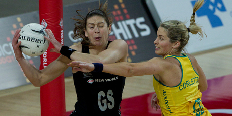 Silver Ferns' shooter Irene van Dyk and Diamonds' goal defence Julie Corletto battle for the ball last night. Photo / Sarah Ivey