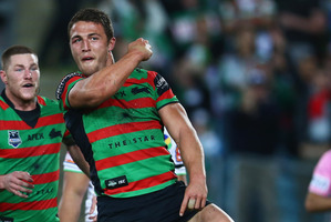 Sam Burgess is on form for the Rabbitohs tonight. Photo / Mark Kolbe