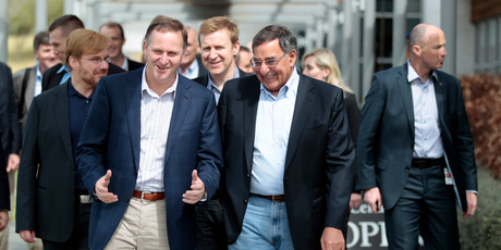 John Key with US Secretary of Defence Leon Panetta after lunch yesterday. Photo / Michael Craig