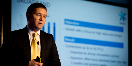 Chris Quin addresses the media during the recent Telecom financial results presentation. Photo / Dean Purcell