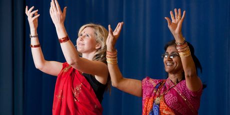 Channelling her inner-girlie-girl - complete with bangles and beautiful sari - Rachel Grunwell performs with Ella Kumar who teaches Bollywood-style Indian dancing for fitness. Photo / Michelle Hyslop