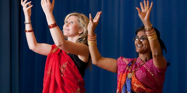 Channelling her inner-girlie-girl - complete with bangles and beautiful sari - Rachel Grunwell performs with Ella Kumar who teaches Bollywood-style Indian dancing for fitness. Photo / Michelle Hyslop