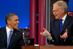 President Barack Obama talks with David Letterman about Mitt Romney's comments that 47 per cent of Americans were 'victims'. Photo / AP