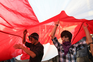 Georgian demonstrators carry a state flag during a protest rally against prison abuse in Tbilisi, Georgia. Photo / AP