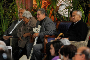 King Tuheitia (centre) listens to speakers during the national hui he hosted at Ngaruawahia. Photo / Christine Cornege