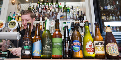 A selection of craft beers made using Kiwi hops on display at the Brew on Quay Bar, in 2010. Photo / Paul Estcourt