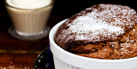 Hot chocolate souffle with berries. Photo / Babiche Martens