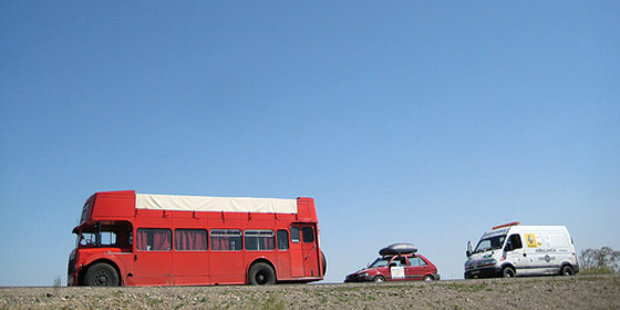 Our convoy on the road: 1954 double decker bus, Oddy, ambulance. Photo / Matt Kennedy-Good