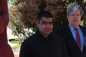 Nileshkunar Vallabh Patel leaving Rangiora District Court today with his lawyer. Photo / Kurt Bayer, APNZ