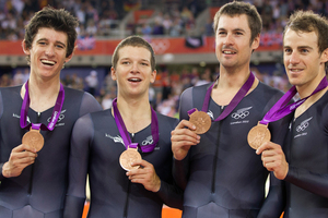 Jesse Sergeant, left, won bronze at the London Olympics in the team pursuit. Photo / Mark Mitchell