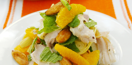 Chicken, artichoke and pistachio salad with mint and orange. Photo / Babiche Martens