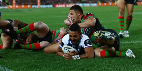 Krisnan Inu scores for the Bulldogs as his side defeat the Rabbitohs to reach the Grand Final. Photo / Getty Images