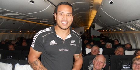 Hosea Gear takes a turn as a flight steward on board Air New Zealand flight 1349 bound for Buenos Aires. Photo / James Ihaka