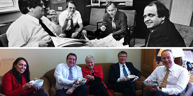 The famous Herald photo from 1980 (above) shows the 'Fish and Chip Brigade'. The 2012 equivalent shows Labour MPs with healthier food options. Photo / NZ Herald/Supplied