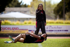 Counties Manukau coach Tana Umaga shows the way during training at Massey Park, Papakura. Photo / Dean Purcell