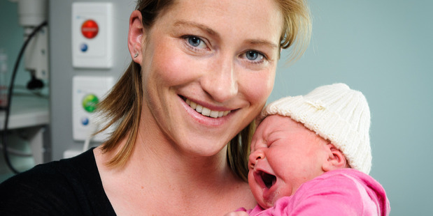 Rodney Hide's wife Louise, and their new born baby girl Grace at Wellington Hospital. Photo / Mark Coote