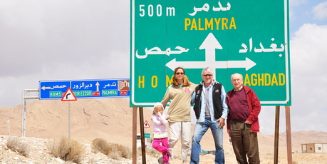 From left: Zenobia (Warren's daughter, aged 5), Hanlie (Warren's wife), Warren Searell and Richard Trist (cousin of Warren) at a Syrian crossroads. Picture / Talei Searell