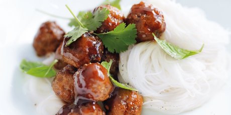 Sticky meatball noodle salad. Photo / William Meppem
