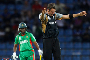 Tim Southee celebrates taking the wicket of Mohammad Ashraful against Bangladesh on Saturday. Photo / AP