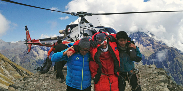 In this photo provided by Nepalese airline Simrik Air, an injured victim is rescued at the base camp of Mount Manaslu in northern Nepal. Photo / AP