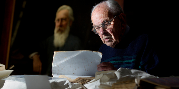 Russell Stone has aimed to present an image of a younger Campbell than the patriarchal figure the city has memorialised (as seen in the portrait behind him). Photo / Steven McNicholl