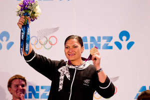 Valerie Adams' delayed medal presentation took place in front of a proud crowd.
Photo / NZ Herald