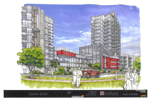 Proposed development plan of high-rise apartments at the Milford Shopping Centre under reconsideration. Photo / Supplied