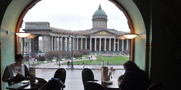 Nevsky Prospekt and the Kazan cathedral seen from the Singer Cafe above Dom Knigi bookshop. Photo / Susan Buckland