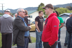 Miners congregate outside the meeting at Dunollie, near Greymouth. Photo / Greymouth Star