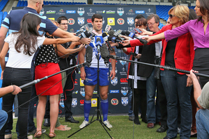 Michael Ennis is interviewed during a Canterbury Bulldogs NRL media day. Photo / Getty Images