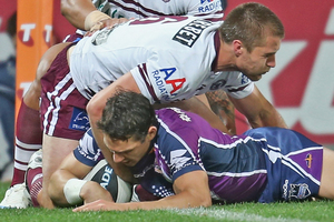 Billy Slater scored a contentious try for Melbourne in the side's victory over Manly on Friday night. Photo / Getty Images
