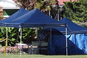 A tent covers the site where a body was found in Kuirau Park, Rotorua this morning. Photo / Daily Post