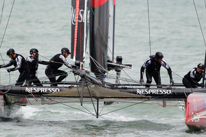 Crew members of Emirates Team New Zealand tack during qualifying on San Francisco Bay for the America's Cup World Series sailing event in San Francisco. Photo / AP