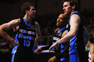 Tom Abercrombie, CJ Bruton and Dillon Boucher of the Breakers look on during the round one NBL match between the New Zealand Breakers and the Perth Wildcats. Photo / Getty Images.