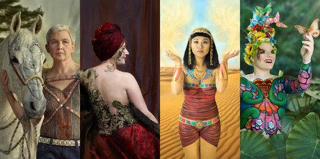 (From left) Jools Topp - with her horse Intrigue; Liz Mitchell - celebration through her craft; Katlyn Wong - Sekhmet, goddess of healing and Sonja Mravicich - new beginnings. Photo / Chris Traill